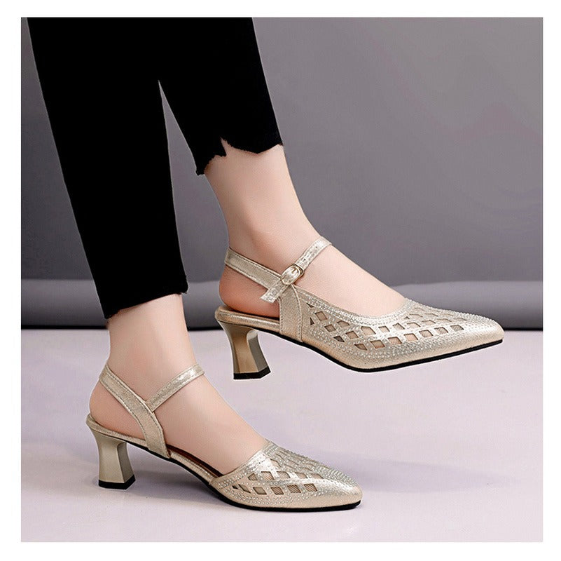 Women Buckle Crystal Mother Heel