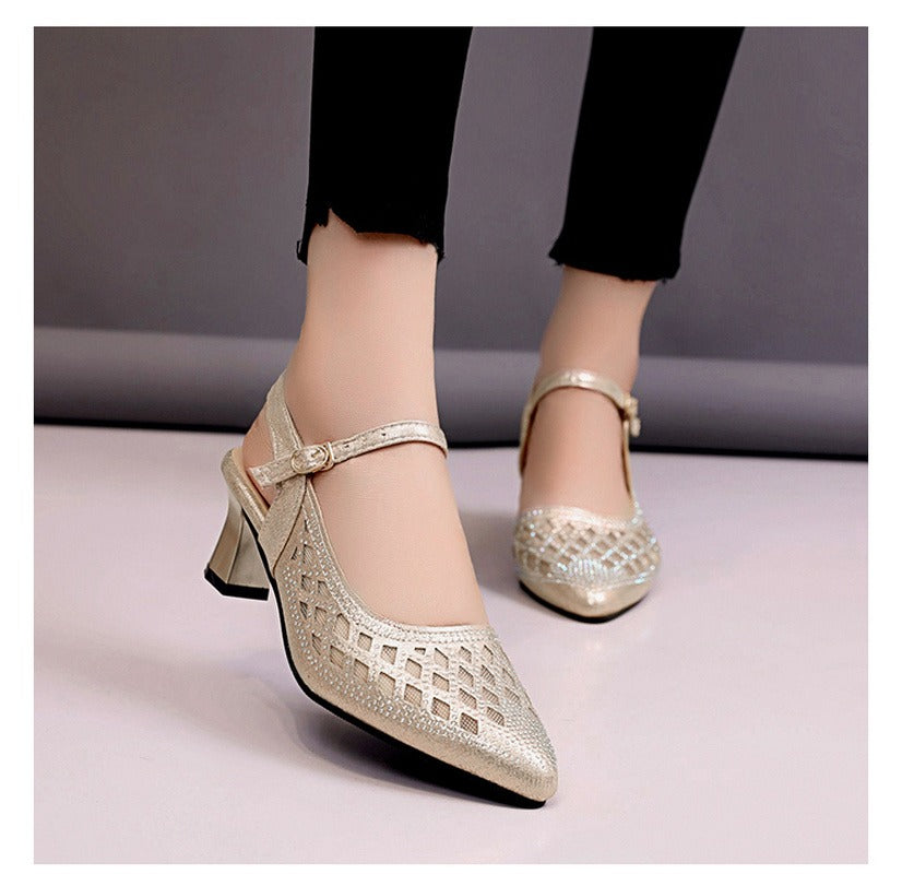 Women Buckle Crystal Mother Heel