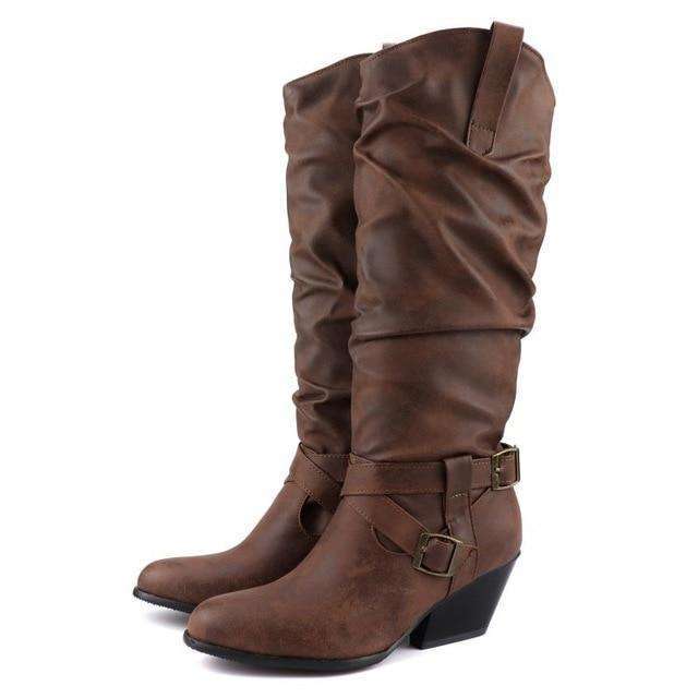 Knee High Crinkle Heeled Boots