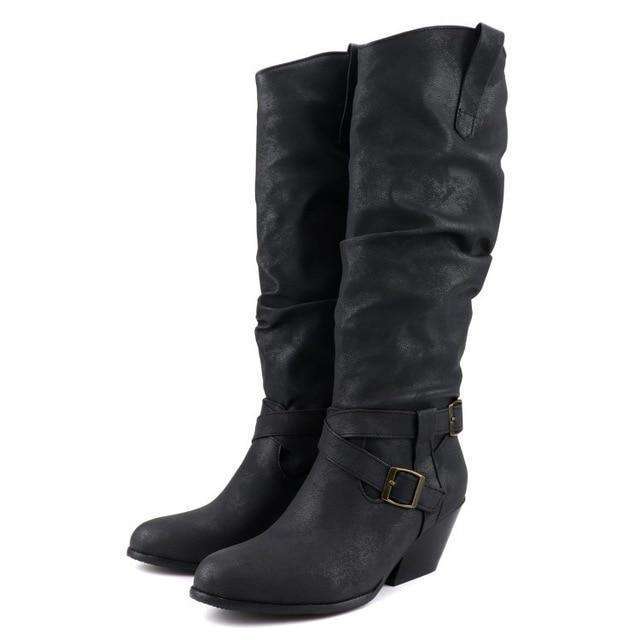 Knee High Crinkle Heeled Boots