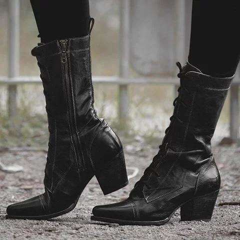 Lace-up Genuine Leather High Boots
