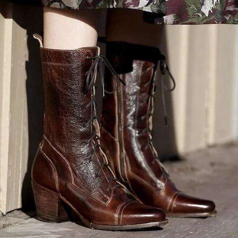 Lace-up Genuine Leather High Boots