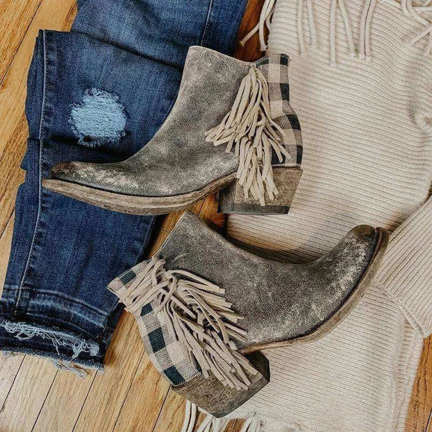 Retro Women Ankle Boots With Tassel Side Checked Back