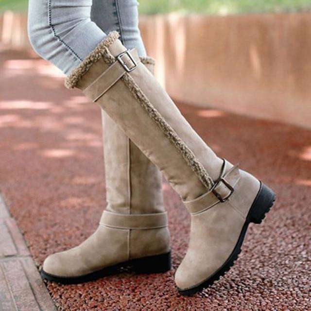 Women Knee High Snow Boots With Metal Buckle