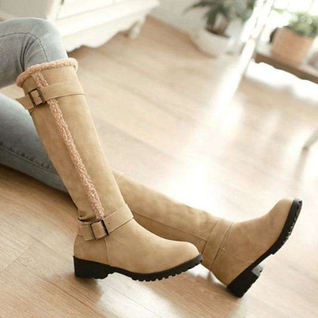 Women Knee High Snow Boots With Metal Buckle