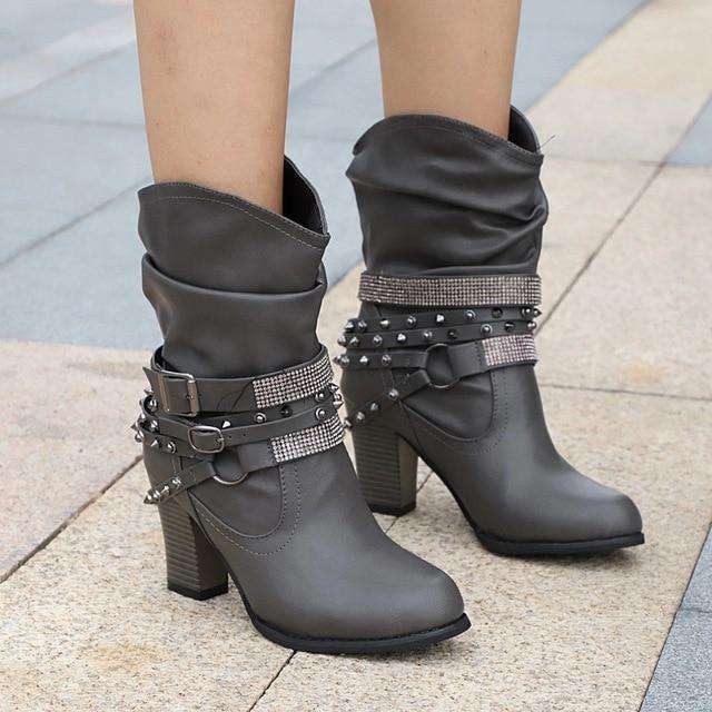 Mid Heel Leather Boots