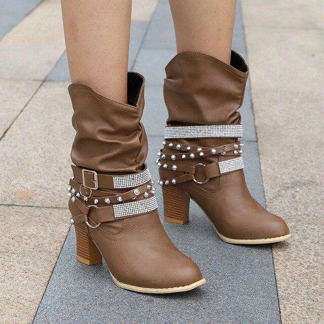 Mid Heel Leather Boots