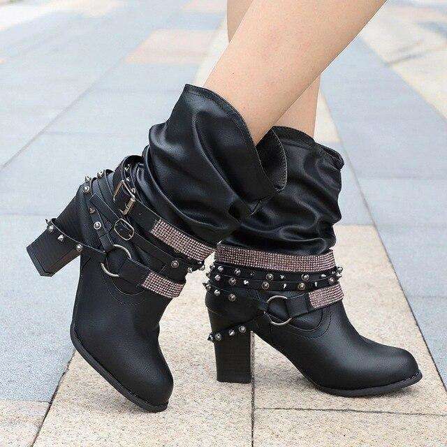 Mid Heel Leather Boots