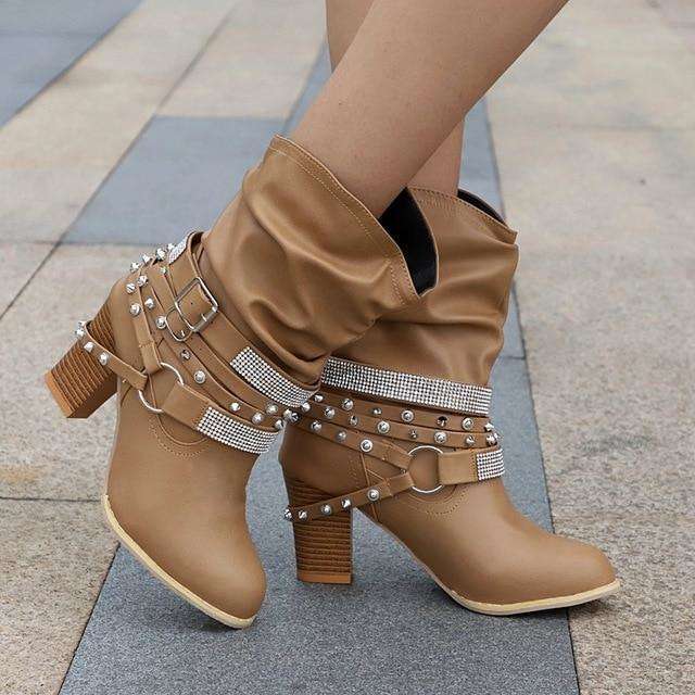 Mid Heel Leather Boots