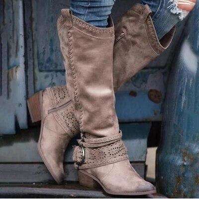 Suede Openwork Knee High Boots