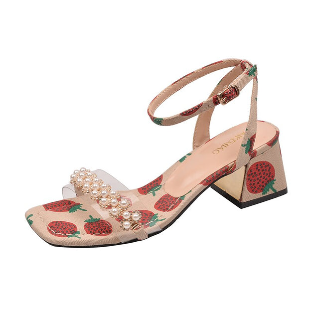 Chunky High Heels Strawberry Pearl Women's Sandals