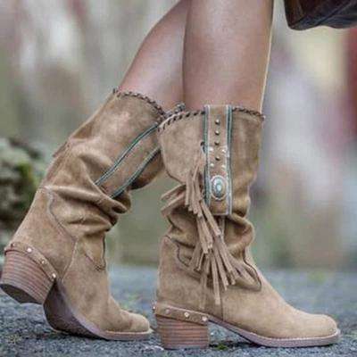 Mid Heels Knee High Tassel Boots